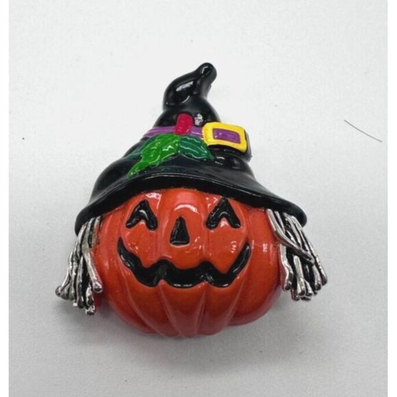 BEST Jack O Lantern Pumpkin Brooch Pierced Earrings Set Enamel Halloween Witch - Picture 2 of 14